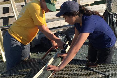 Victoria Fortiz, right, then a graduate student at Penn State, and Jean Self-Trail, a research geologist at the U.S. Geological Survey, work on a core sample from the Howards Tract site in Maryland