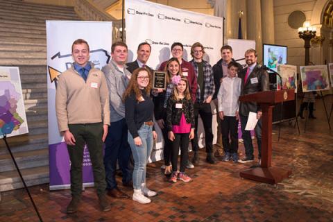  Draw the Lines PA winners from GEOG 421 Population Geography gather in the Main Rotunda of the State Capitol in Harrisburg