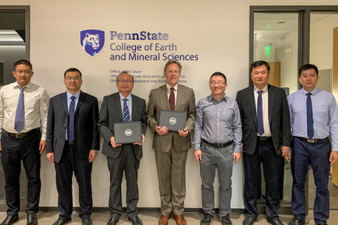 A delegation from the Shandong University of Science and Technology with Lee Kump, John Leone Dean in the College of Earth and Mineral Sciences at Penn State, and Shimin Liu, the George H., Jr. and Anne B. Deike Chair in Mining Engineering and professor of energy and mineral engineering