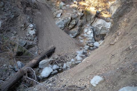 A stream channel showing accumulation of fine sediment following the 2009 Station Fire in California