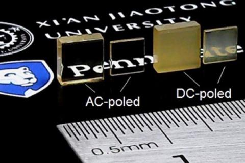 Transparent crystal of piezoelectric material comparing crystals that were treated with AC or DC electric fields