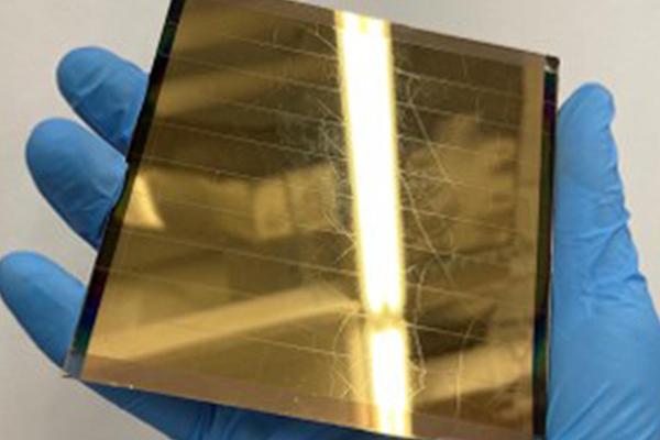 A researcher holds a perovskite module