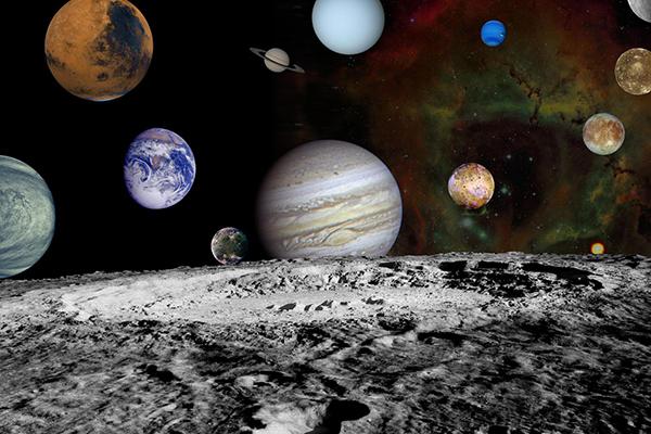 This solar system montage of the nine planets and four large moons of Jupiter in our solar system are set against a false-color view of the Rosette Nebula