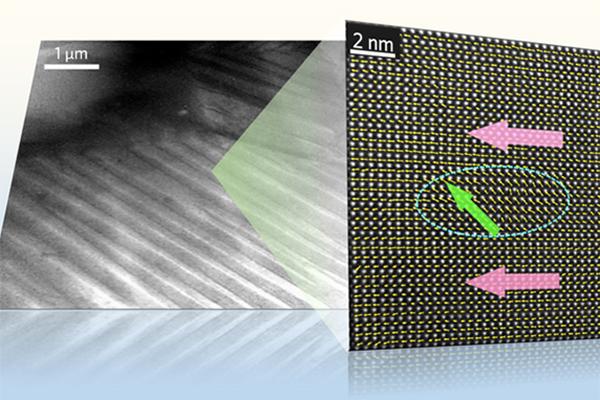 A long-range ferroelectric domain with nanoscale structure heterogeneity (4-8 nm) is evidenced by high-resolution TEM. 