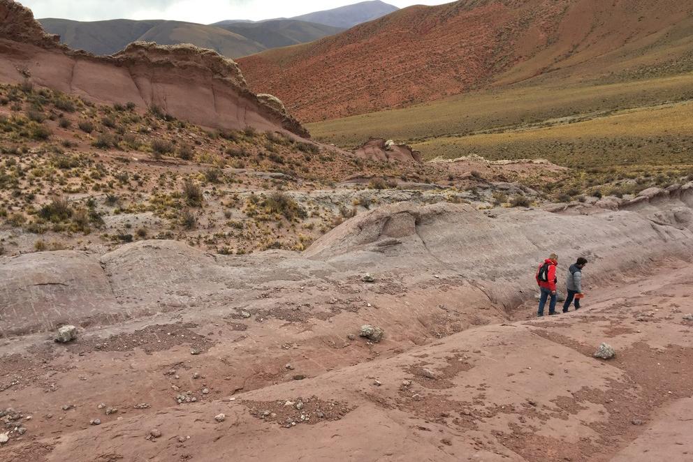 Researchers Joep van Dijk (left) and Alvaro Fernandez look for siderite minerals in the soils 