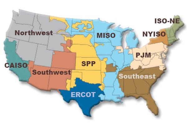 Map of United States electric grid managed by regional interconnections